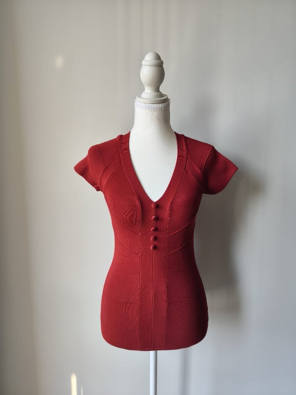 Marciano Short Sleeve Knit Button-Front Blouse Ribbed Texture V-Neck